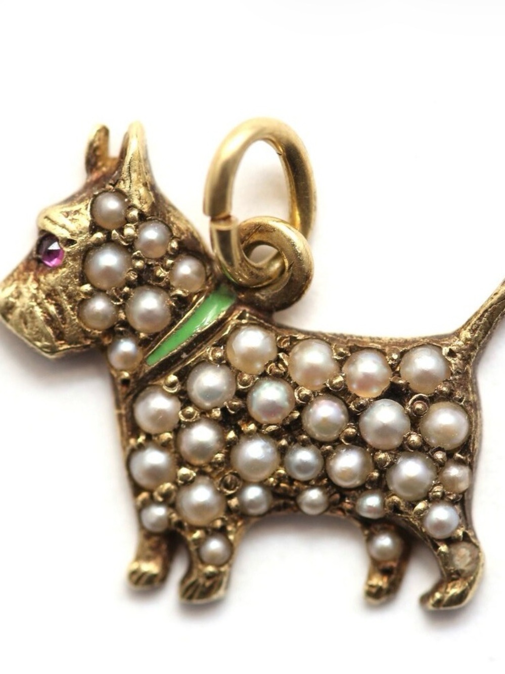 Antique Victorian Pearl-Set Scottie Dog Charm in 14K gold